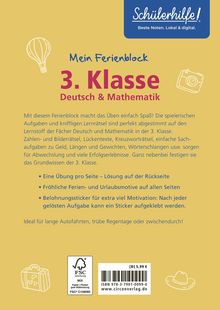 "3. Klasse Deutsch & Mathematik", Ferienblock mit Lernrätseln, Übungen, Belohnungsstickern und Ferienmotiven.
