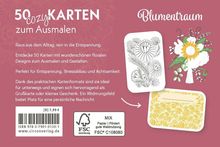 "50 cozy Karten zum Ausmalen", "Blumentraum", Beschreibung von entspannten und gestaltbaren Karten mit floralen Designs.