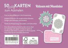 "50 cozy Karten zum Ausmalen" heißt es oben, gefolgt von "Relaxen mit Mandalas". Enthält bunte Mandala-Designs.