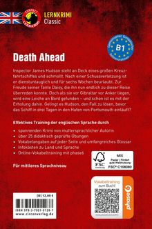 "Death Ahead" ist ein Lernkrimi für mittleres Sprachniveau. Elemente: britische Flagge, Lernkrimi-Logo, FSC-Logo, QR-Code.