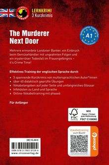 „The Murderer Next Door“; drei Kurzkrimis, Englischlernen A1-Niveau. Rotes Cover, britische Flagge, Lernkrimi-Logo.