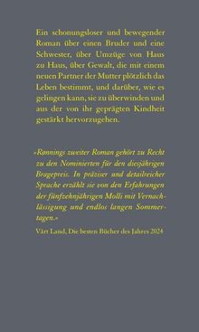 Gelber Text auf grauem Hintergrund: Beschreibung eines bewegenden Romans über Geschwister und Gewalt, plus Buchkritik.