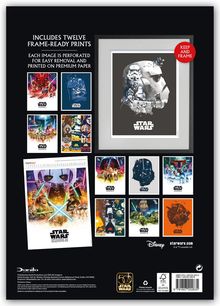 Zwölf Drucke, perforiert für einfache Entnahme und gedruckt auf hochwertigem Papier. "KEEP AND FRAME" Hinweis. Enthält Star Wars-Bilder.