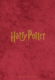 "Harry Potter" in goldener Schrift auf rotem, strukturiertem Hintergrund.