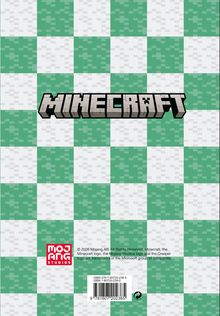 "MINECRAFT" groß in der Mitte. Darunter grün-weißes Kachelmuster. Links unten kleines rotes "MOJANG" Logo.