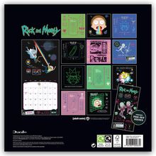 "Rick and Morty" Titel oben, bunte Illustrationen und Figuren wie Rick mit Regenbogen. Kalender unten mit Logo und Hinweis: Poster.