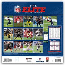 Texte: "NFL ELITE 2027 WALL CALENDAR", "CHAMPIONS", "BONUS! Includes September - December 2026". Zeigt NFL-Spieler in Action.