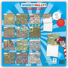 „WHERE'S WALLY? CALENDAR 2027“ oben, 12 bunte Miniaturbilder, Wally in Rot-Weiß rechts unten.