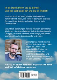 Ein Zitat in gelber Schrift: "In dir steckt mehr, als du denkst – und die Welt zeigt dir, wie du es findest!" Ein Mann mit Brille.