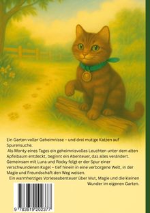 Ein Garten voller Geheimnisse – und drei mutige Katzen. Illustration einer Katze mit Medaillon in einem grünen Garten.