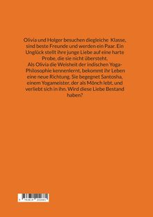 Text über Olivia, Holger, Liebe, Schwierigkeiten und Yoga-Philosophie. Vortrag auf orangefarbenem Hintergrund. Unten Barcode.