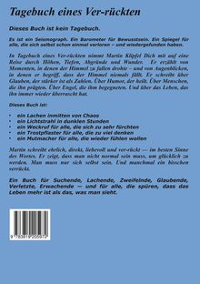 Buchcover mit dem Titel „Tagebuch eines Ver-rückten“. Beschreibung eines introspektiven, inspirierenden Inhalts.