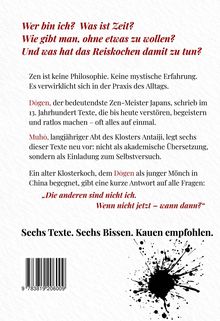Text in roter und schwarzer Schrift über Zen, Dōgen und Muho. Unten: "Sechs Texte. Sechs Bissen. Kauen empfohlen." Schwarzer Klecks.
