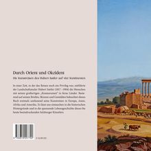 Links: Text "Durch Orient und Okzident. Die Kunstreisen des Hubert Sattler auf vier Kontinenten." Rechts: Landschaftsgemälde.