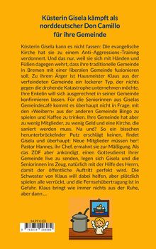Text über Küsterin Giselas Kampf für ihre Gemeinde. Untere Ecke: Barcode, Preis, Topf, Engel, Bild an der Wand.