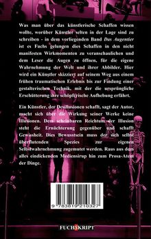 Text beschreibt künstlerisches Schaffen. Unten "FUCHSSKRIPT". Hintergrund in Magenta, zeigt Silhouetten und Skelette.