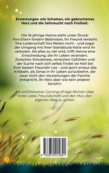 Grüner Hintergrund mit Grashalmen und funkelnden Lichtern. Ein Text beschreibt den Druck auf die 16-jährige Hanna und ihre Suche.