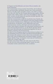 Ein Text beschreibt ein Buch über Generationenkonflikte und Kommunikation, Preisangaben: € 19.99, CHF 28.50.