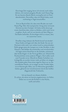 Ein emotionaler Text beschreibt eine Flugreise mit dem Bruder, das Gefühl von Heimat und die Lichter der Stadt bei Nacht. Unten ein Barcode und BoD-Logo.