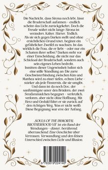 Text über Bruderschaft, Sirona, Darken, Kim, Matthea und Doc. Goldene florale Ornamente umrahmen den Text.
