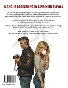 Titel: "MANCHE BEGEGNUNGEN SIND KEIN ZUFALL." Eine Illustration eines Mannes mit Kamera und einer Frau mit Maske.