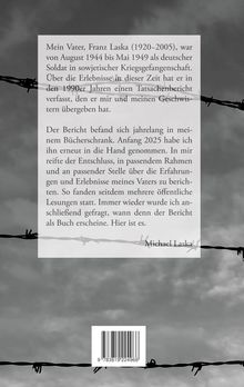 Text über deutsche Kriegsgefangenschaft. Grauer Himmel, Stacheldraht, Barcode unten. Autor: Michael Laska.