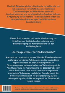 Oben: Text über das Fach Bäderbetriebslehre und Lernfelder.  
Unten: Text über Buchinhalte zur Ausbildung für Bäderbetriebe.  
Zweifarbiger Hintergrund in Orange und Blau.