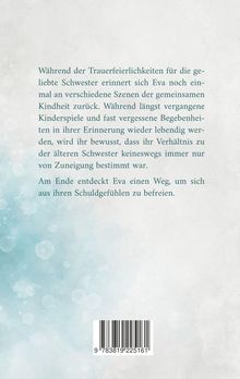 Text: Während der Trauerfeier erinnert sich Eva an die Kindheit mit ihrer Schwester. Es gibt einen Barcode. Hintergrund: sanfte blaue Verläufe.