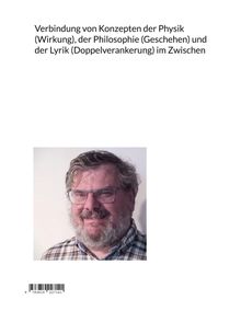 Text: "Verbindung von Konzepten der Physik (Wirkung), der Philosophie (Geschehen) und der Lyrik (Doppelverankerung) im Zwischen." Unter dem Text ist das Porträt eines Mannes mit Brille und Bart.