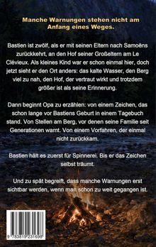 Text über einem Hintergrund mit Lagerfeuer und Wald. Eine Geschichte über Bastien und Warnungen. Enthält Barcode.