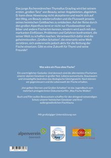 Texte beschreiben die Abenteuer von Thymallus Grayling und die Bedrohungen für Fische. Logos: Alpenverein, Tiroler Fischereiverband, ecotone.
