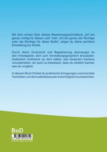 Text beschreibt, wie man durch Selbstbewusstsein im Bewerbungsschreiben überzeugt. Hintergrund: Himmelblau, grüne Fläche unten.