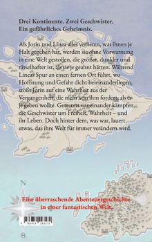 Text über ein Abenteuer zweier Geschwister in einer rätselhaften Welt. Im Hintergrund eine Landkarte mit Inseln.