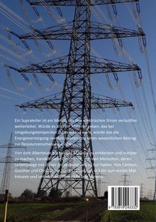 Text beschreibt Supraleiter und eine Abenteuergeschichte. Hintergrund zeigt einen großen Strommast unter blauem Himmel.