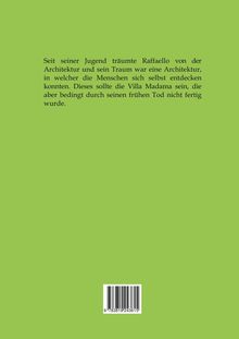 Text auf grünem Hintergrund: "Seit seiner Jugend träumte Raffaello von der Architektur..." Unten ein Barcode.