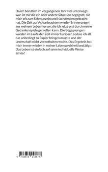Ein Text beschreibt Reisen und das Sammeln von Erinnerungen, die zum Nachdenken anregen. Unten ist ein Barcode.