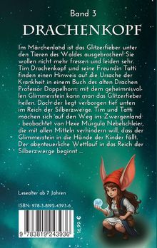 "Band 3 Drachkopf. Kinderbuchtext über Glitzerfieber. Illustration: Figur mit roten Ohren und Mütze, hält leuchtende Kugel."
