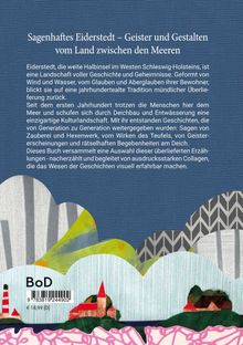 Text über Eiderstedt, Sagen und Geschichten. Unten bunte, abstrakte Collage mit Landschaft und Gebäuden.