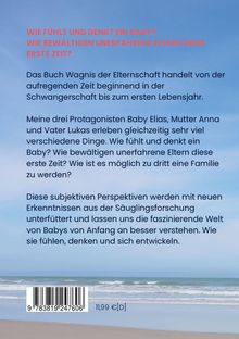Fragen in Rot oben: Wie fühlt und denkt ein Baby? Unten ein Barcode und Preis: 11,99 €. Hintergrund zeigt einen Strand.