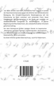 Text über eine historische Gerichtsverhandlung 1833 in Landau. Preis: € 19,00. Unten ein Barcode. Hintergrund unscharf.