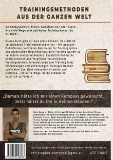 TRAININGSMETHODEN AUS DER GANZEN WELT. Illustration: Stapel Bücher. Zitat und Kontaktinfo. Mann mit muskulösem Oberkörper.