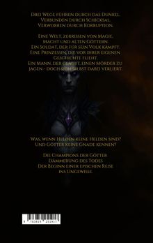 Ein düsteres Cover mit Text über Schicksal, Magie und Helden, darunter verborgene, mystische Gestalt.