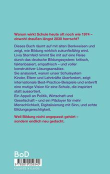 Text über Schulsystem-Reform. Kritisch, zukunftsgerichtet, Visionen für neue Bildung. Preis-Etikett unten. Turkisfarbener Hintergrund.