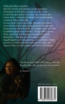 Text über die Bedeutung von Blutlinien und Konflikten. Unten ein Zitat von S. Zacherl. Illustration: Frau mit schwarzer Katze.