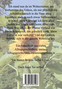 Text über verbranntes Essen im Wohnzimmer, Bezüge auf Alltagsgeschichten. Im Hintergrund eine Sonnenblume.