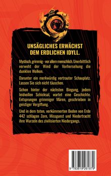 Text: "UNSÄGLICHES ERWÄCHST DEM ERDLICHEN IDYLL." Illustration: Rot-schwarzer Hintergrund mit einem stilisierten, kreisförmigen Symbol.