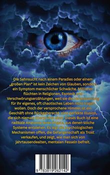 Text: "Die Sehnsucht nach einem Paradies... mentalen Fesseln befreit." Illustration: ein blaues Auge umgeben von dunklen Wolken.