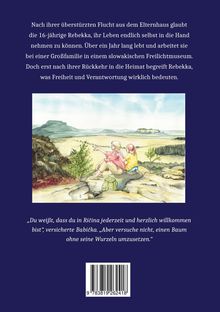 Text über Rebekkas Flucht aus dem Elternhaus. Illustration: Zwei Personen sitzen in Landschaft, eine zeigt ins Weite.