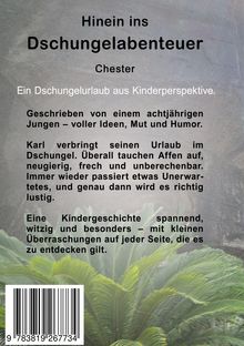 Text: "Hinein ins Dschungelabenteuer. Chester. Ein Dschungelurlaub aus Kinderperspektive."  
Ein grünes Blatt im Hintergrund.