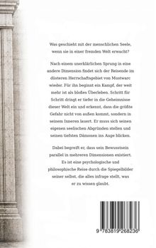 Ein Text beschreibt die Reise eines Menschen in eine fremde Dimension und seinen Kampf mit eigenen inneren Dämonen. Links ist ein dekorativer Pfeiler.